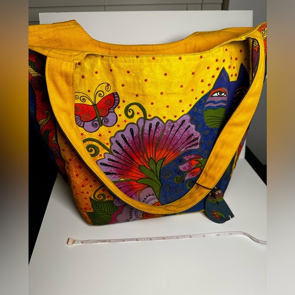 Laurel Burch Handbags - Laurel Burch Feline Cat Floral Yellow & Blue Striped Patterned Artistic Tote